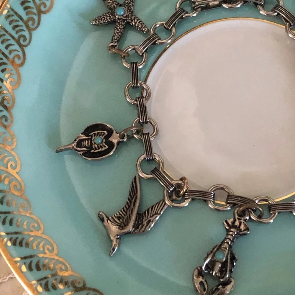 Vintage Silver & Turquoise Beach Charm Bracelet